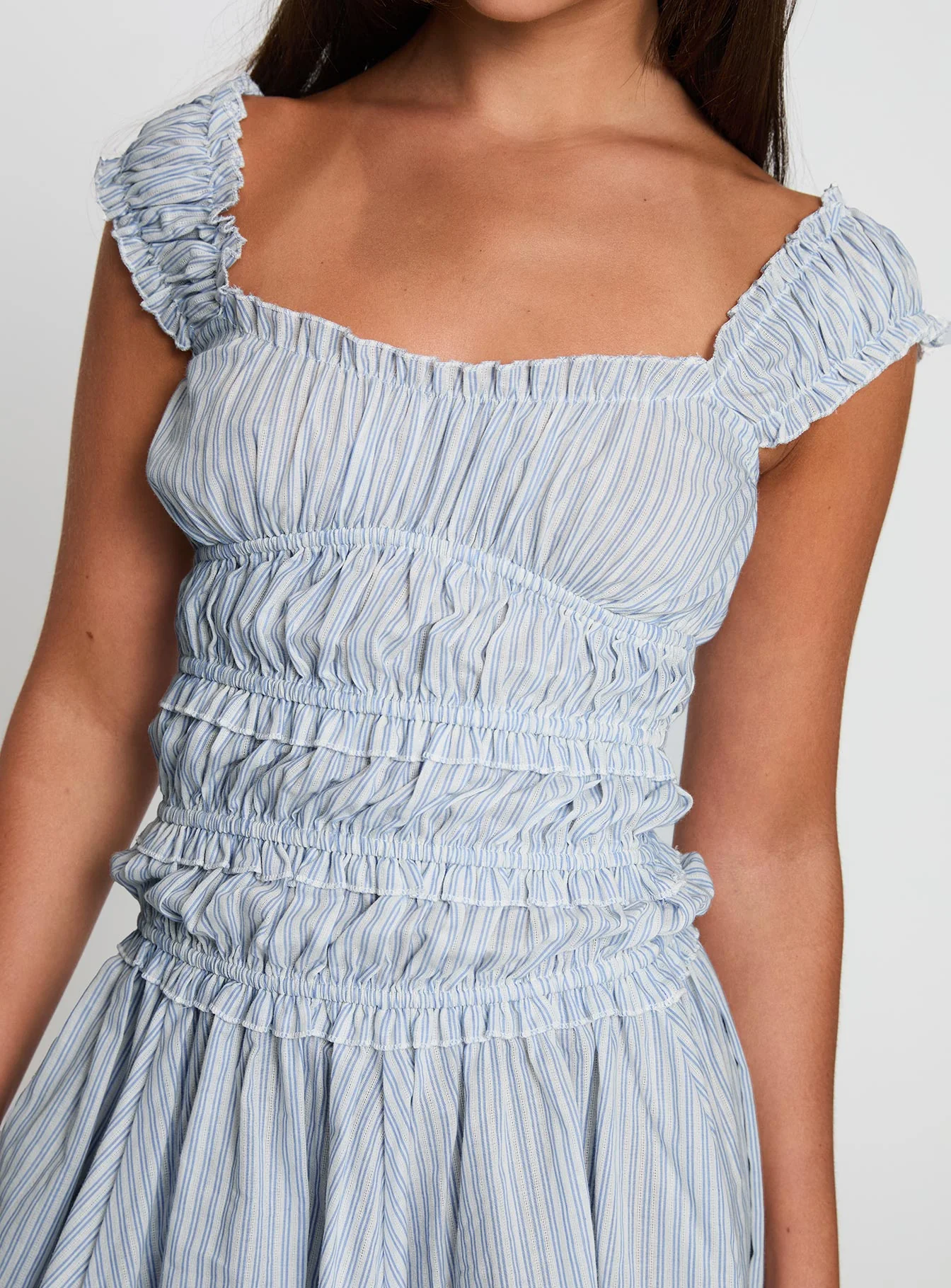 Wonderlust Shirred Mini Dress Blue Stripe