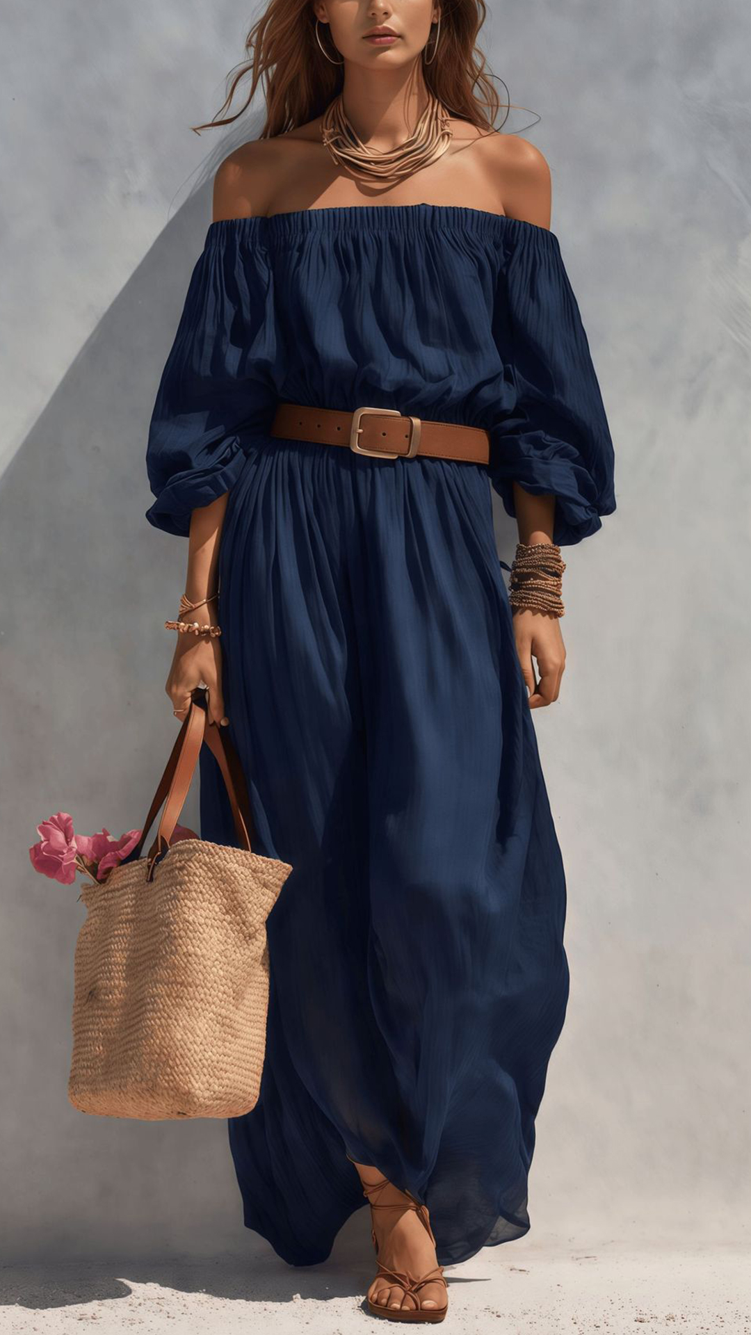 Women's Cotton‑blend Off‑the‑Shoulder Puff‑Sleeve Belted Wide‑Leg Jumpsuit - Nordfashionstorm - Women's Clothing, Fashion for You - Nordfashionstorm.com