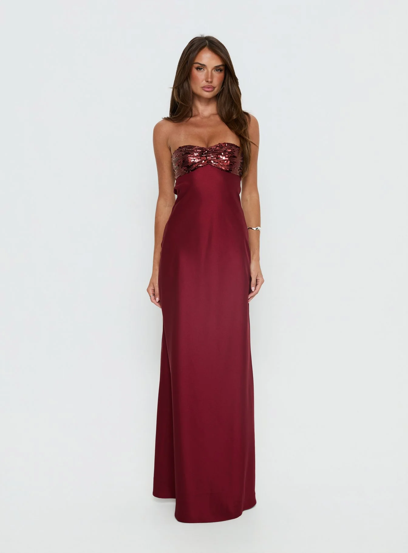See The Vision Sequin Bust Strapless Maxi Dress Burgundy