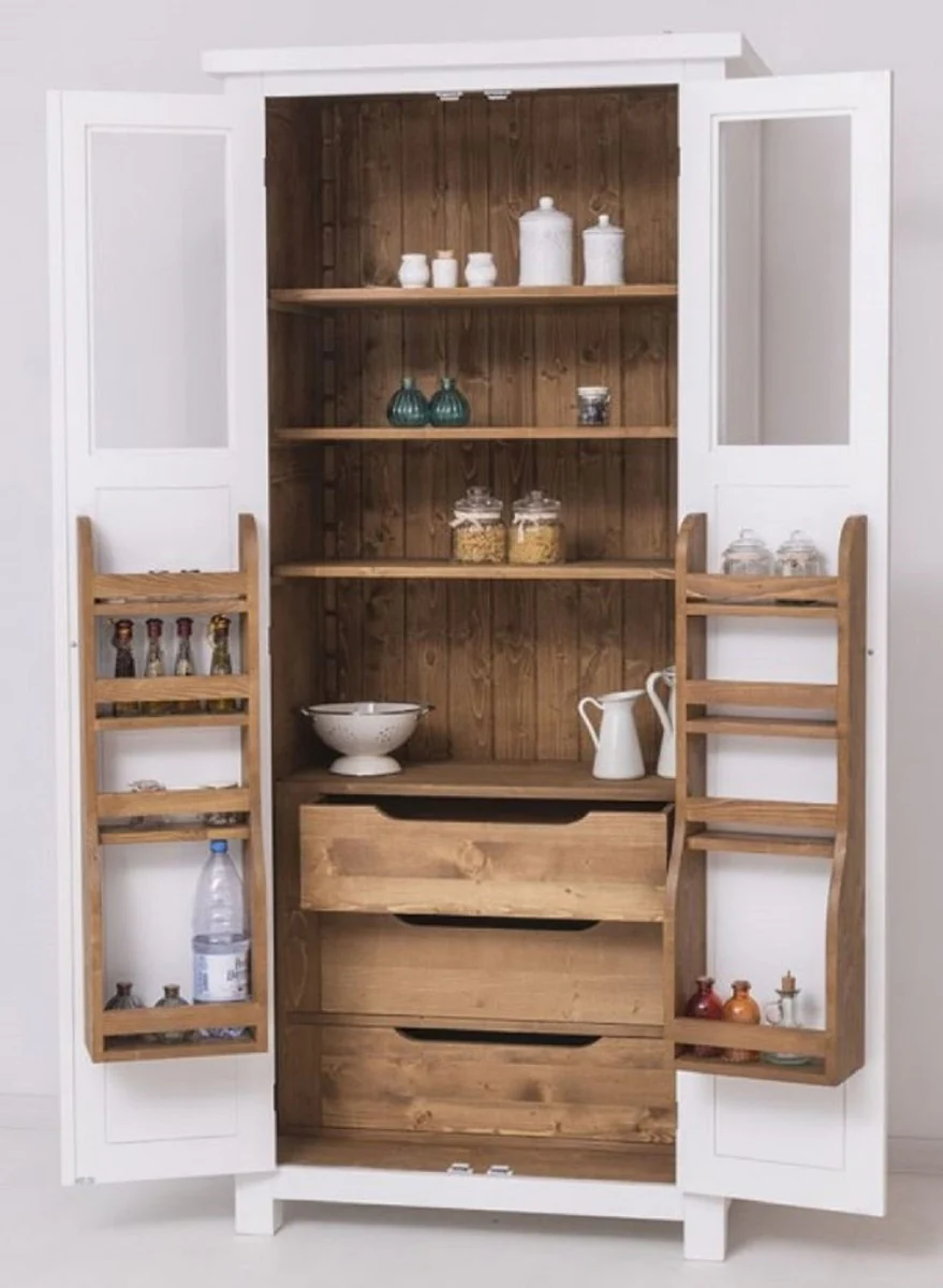 Country house style dining room cabinet white / natural colors 96 x 65 x H. 220 cm - solid wood kitchen cabinet with 2 doors - dining room furniture in country house style - country house style dining room furnishings