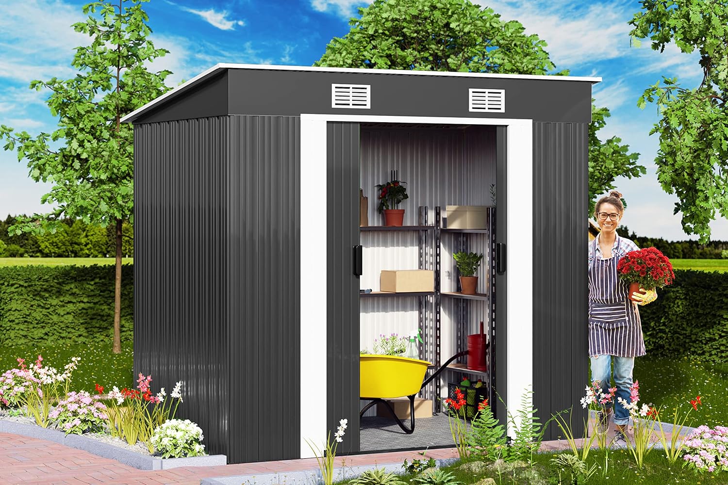 Deuba Capanno da Giardino L 8m² Fondamenta 196x122x182cm Porta Scorrevole Casetta 3,1m³ Antracite