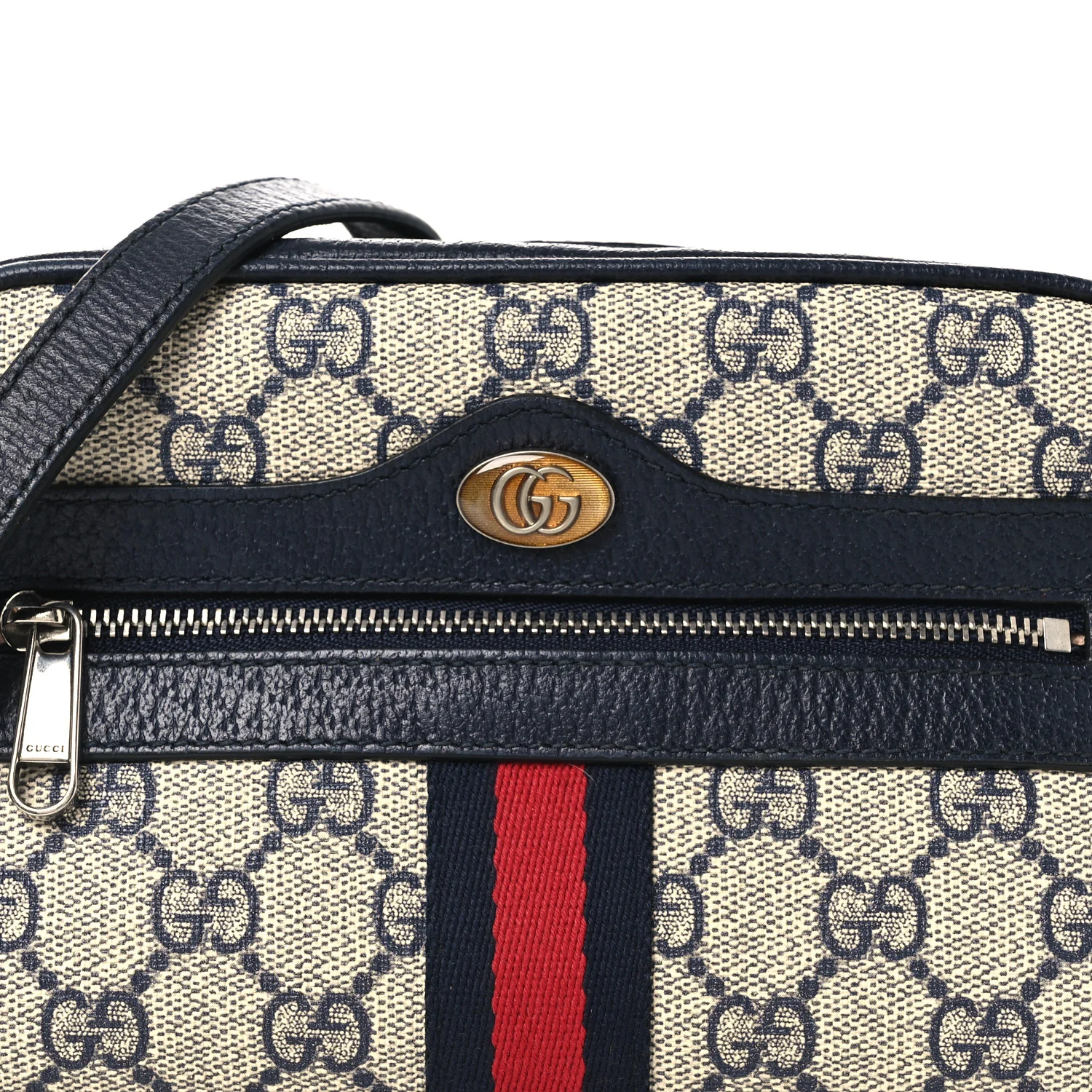 GG Supreme Monogram Textured Dollar Calfskin Web Mini Ophidia Shoulder Bag Beige Blue - Top Club