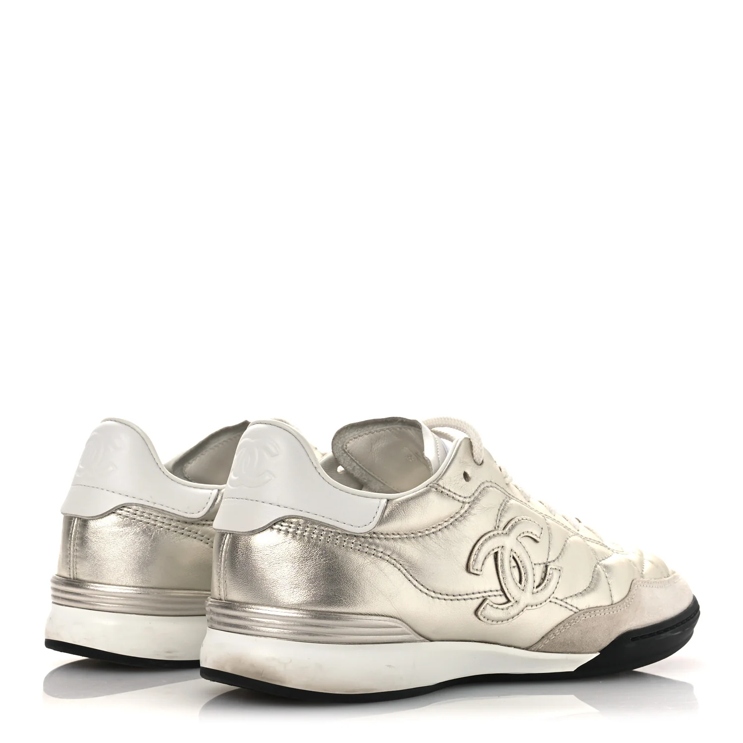 Laminated Calfskin Suede Quilted Womens CC Sneakers 39 Silver White - Top Club