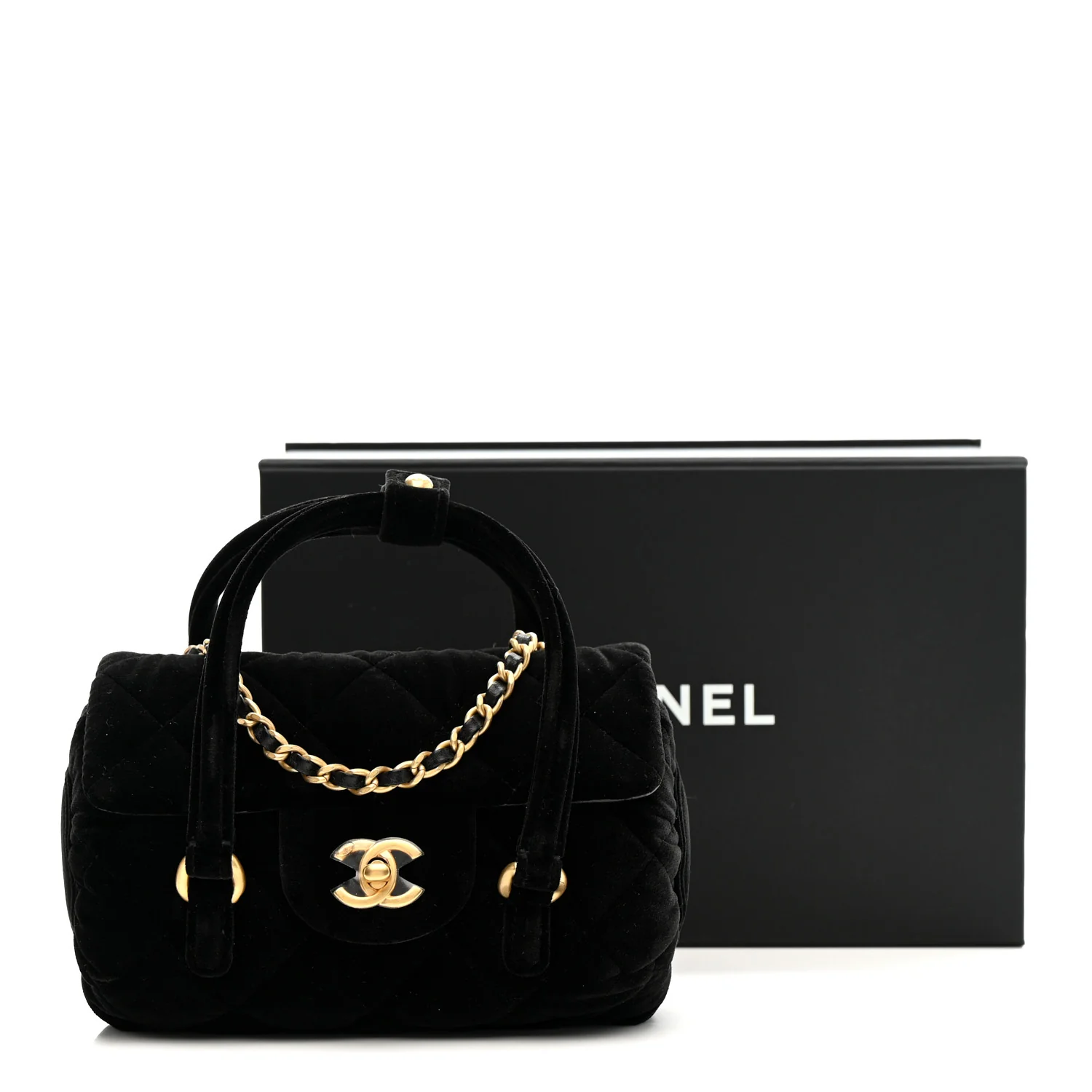 Velvet Quilted Mini Top Handle Flap Black - Top Club