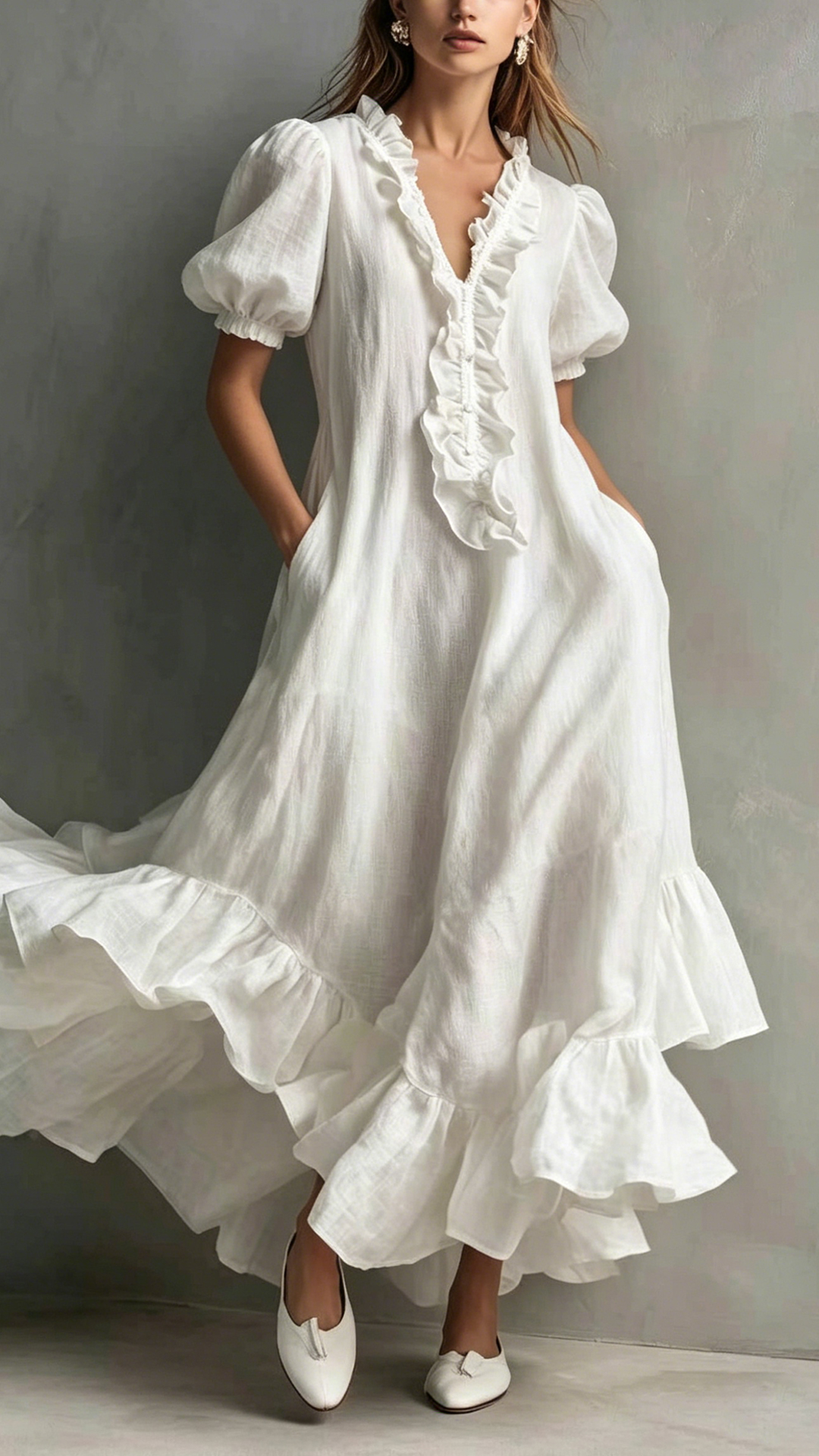 Women's Cotton-Blend Ruffled V-Neck Puff Sleeve Maxi Dress - Nordfashionstorm - Women's Clothing, Fashion for You - Nordfashionstorm.com