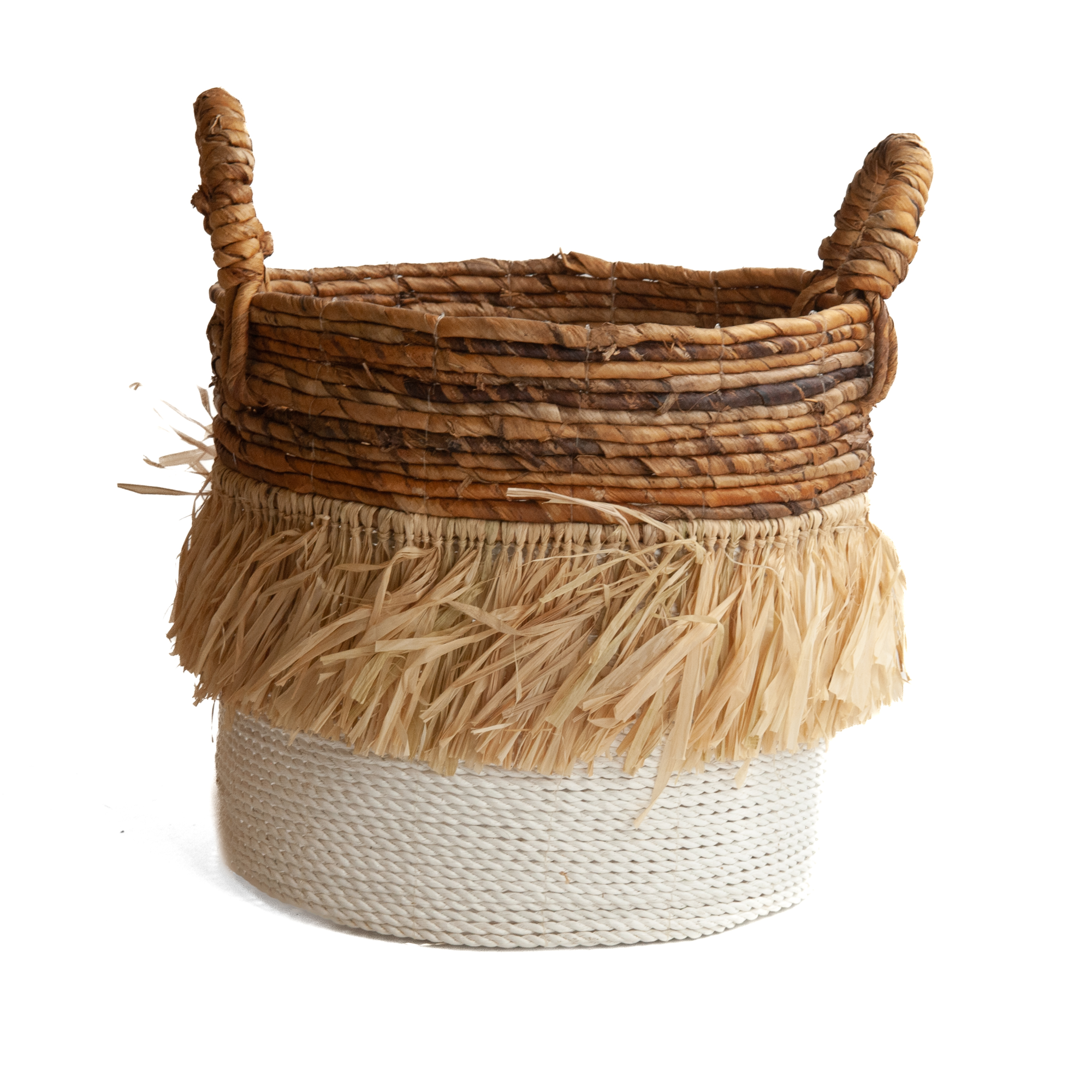 Seagrass waterhyacint mand met raffia natural/wit L
