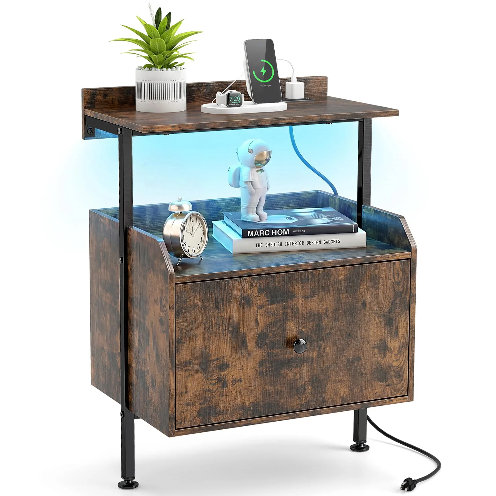 BEFOUNDLOVELY Nightstand with LED Lights & Charging Station (21