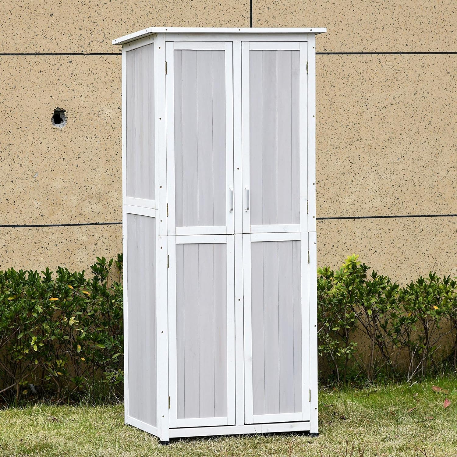 Outsunny Casetta Porta Attrezzi in Legno di Abete a 3 Livelli con Tetto in Bitume e Ganci, 77x58x175 cm, Grigio