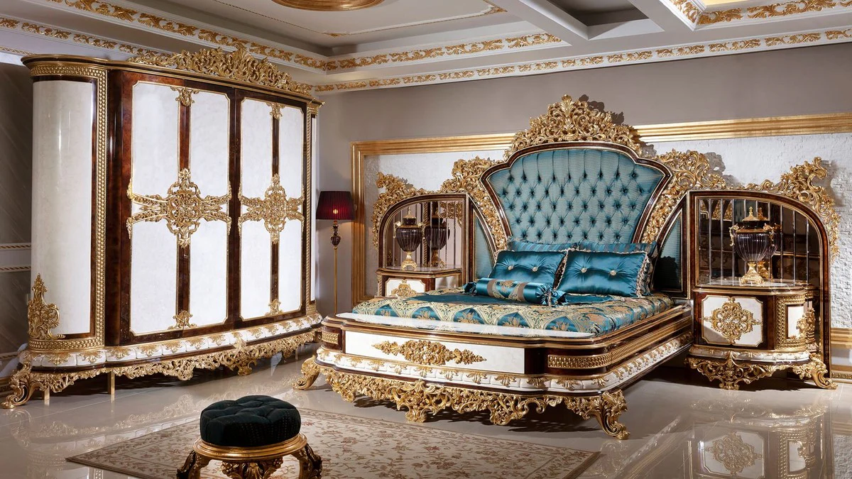 Luxury Baroque Nightstand Set White / Brown / Gold - Magnificent Solid Wood Bedside Tables - Baroque Bedroom Furniture - Noble & Magnificent