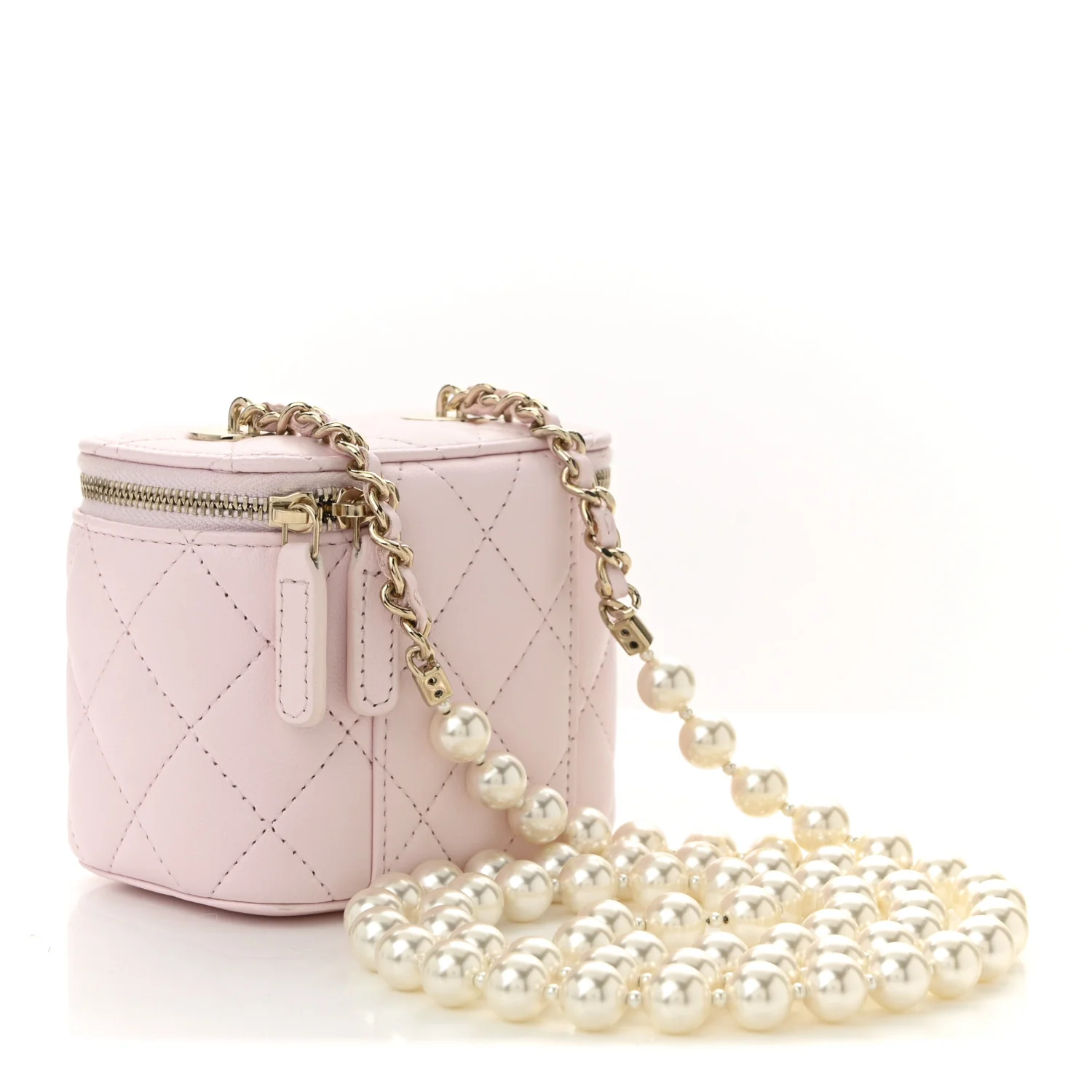 Lambskin Quilted Mini Vanity Case With Pearl Chain Light Pink - Top Club