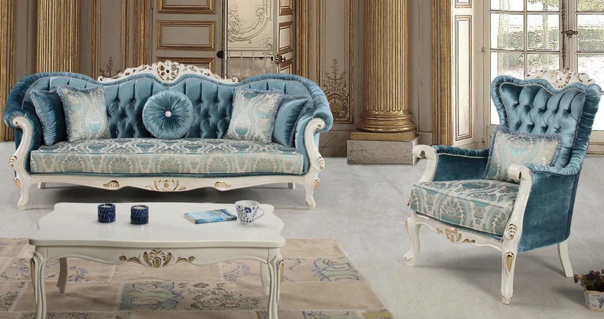 Luxury baroque living room set blue / white / gold - 2 sofas & 2 armchairs & 1 coffee table - magnificent living room furniture in baroque style