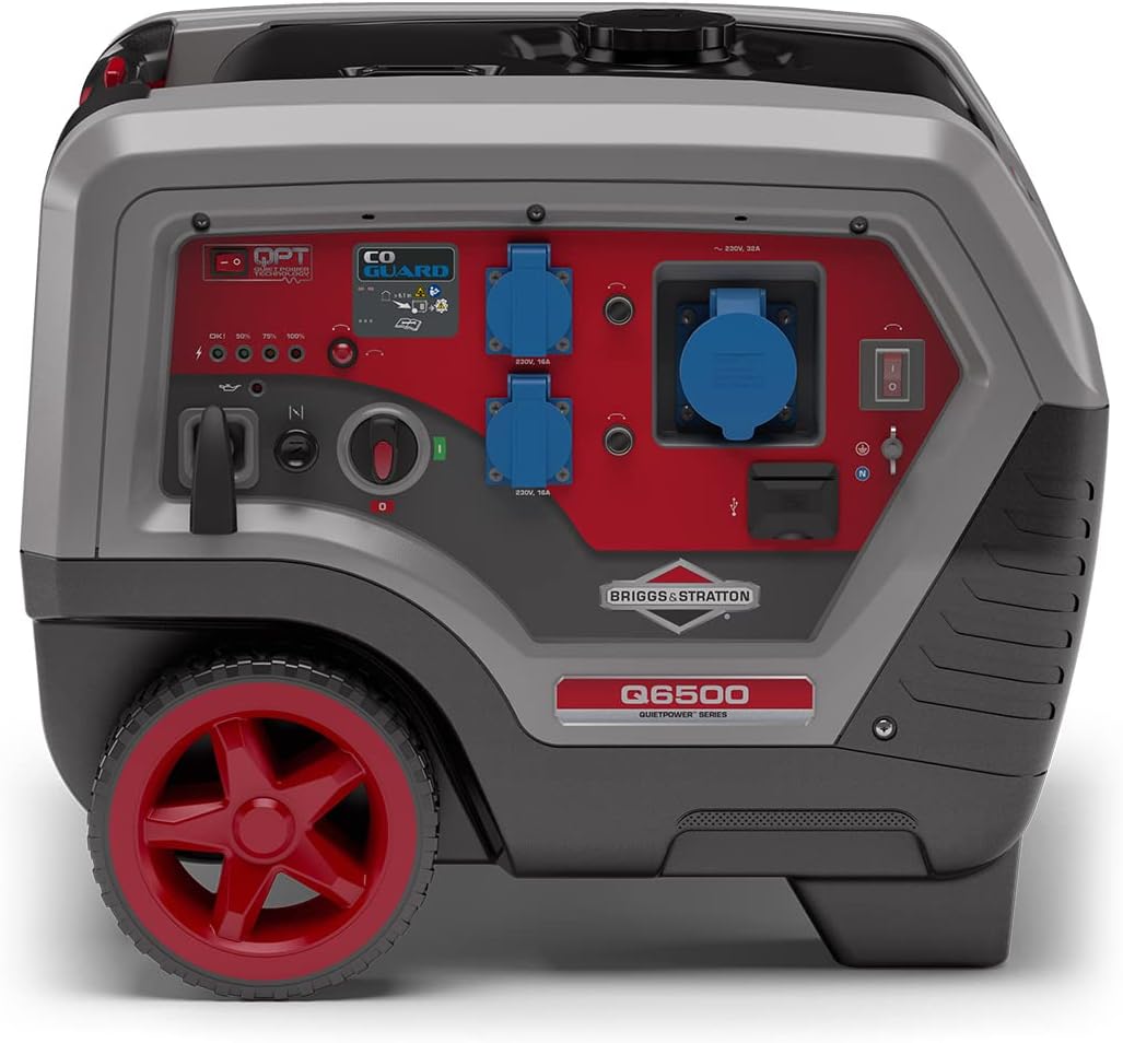 Briggs and Stratton Serie Q6500 Quiet Power Technology, con Tecnologia a Inverter Portatile a Benzina, 6500 Watt/5000 Watt di Potenza Pulita, Ultra Silenzioso e Leggero, Nero, Argento, Q6500