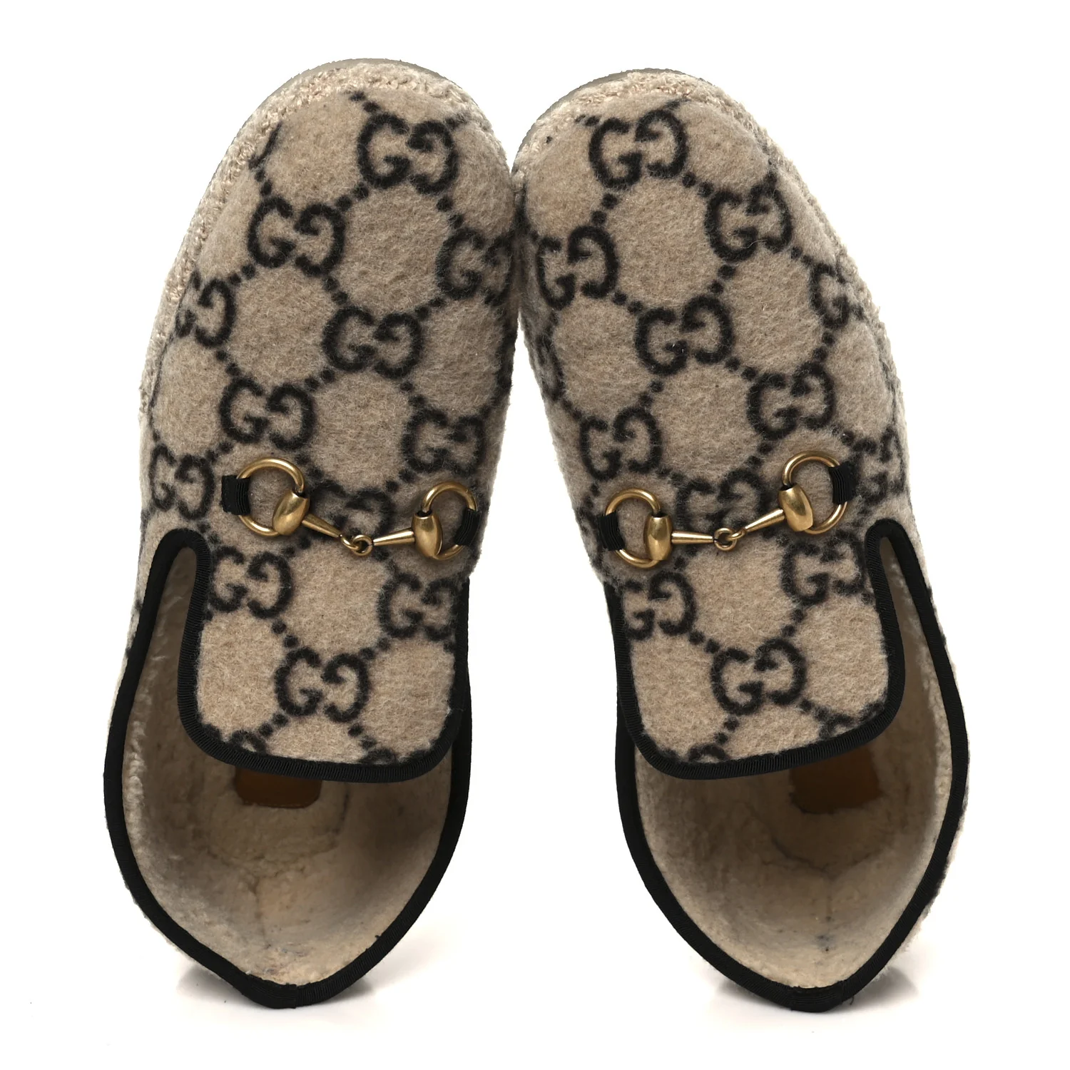 Covered Wool GG Monogram Mens Fria Horsebit Loafers 9 Beige Ebony Black Butterscotch
