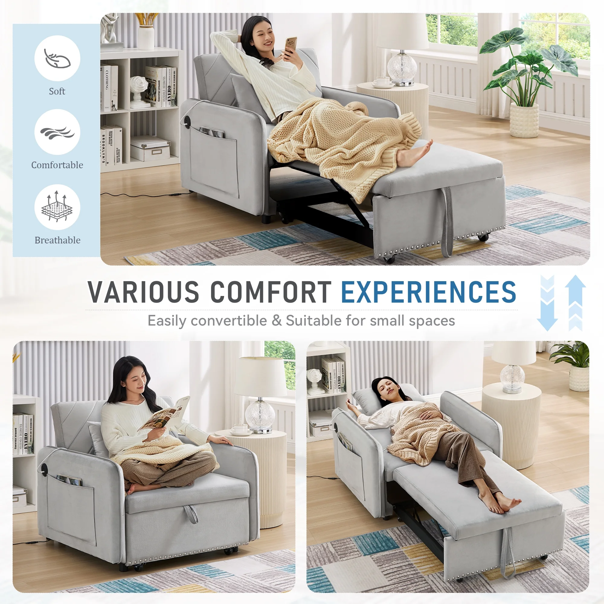 Lunale 3 - in - 1 Convertible Sleeper Chair Bed, Indoor Lounge Chair with USB/Type - C Charging Ports, Modern Recliner Sofa for Living Room, Gray Velvet