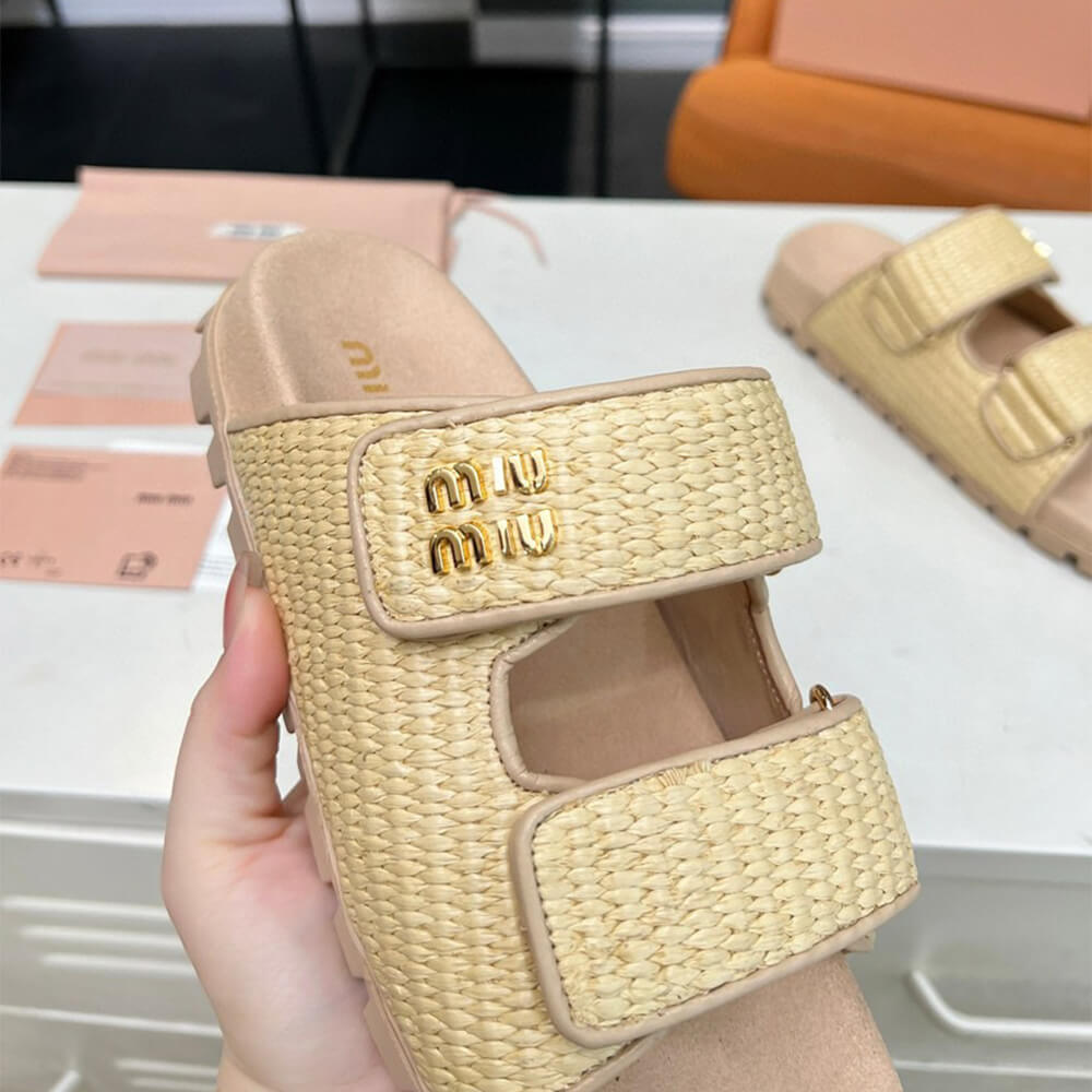 MiuMiu Raffia-effect woven fabric slides - Top Club