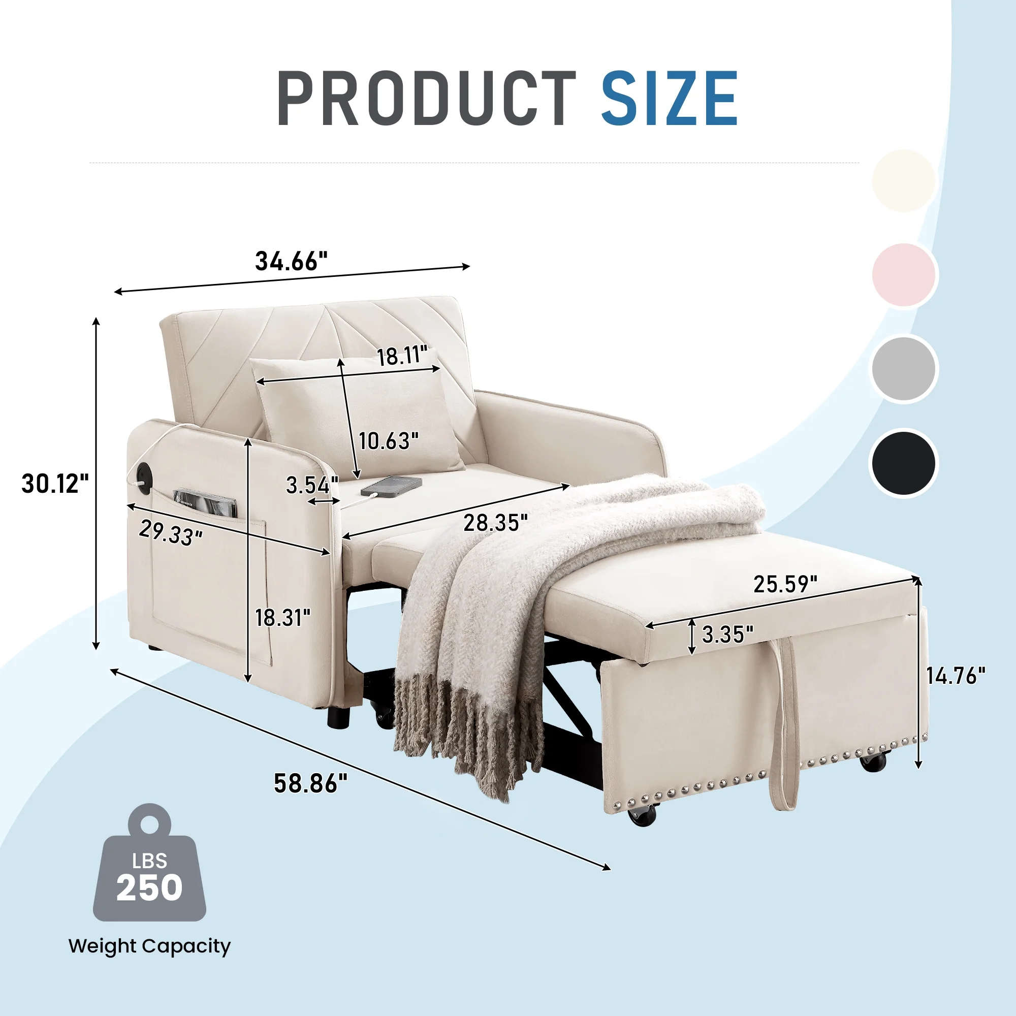 Lunale 3 - in - 1 Convertible Sleeper Chair Bed, Indoor Lounge Chair with USB/Type - C Charging Ports, Modern Recliner Sofa for Living Room, Gray Velvet