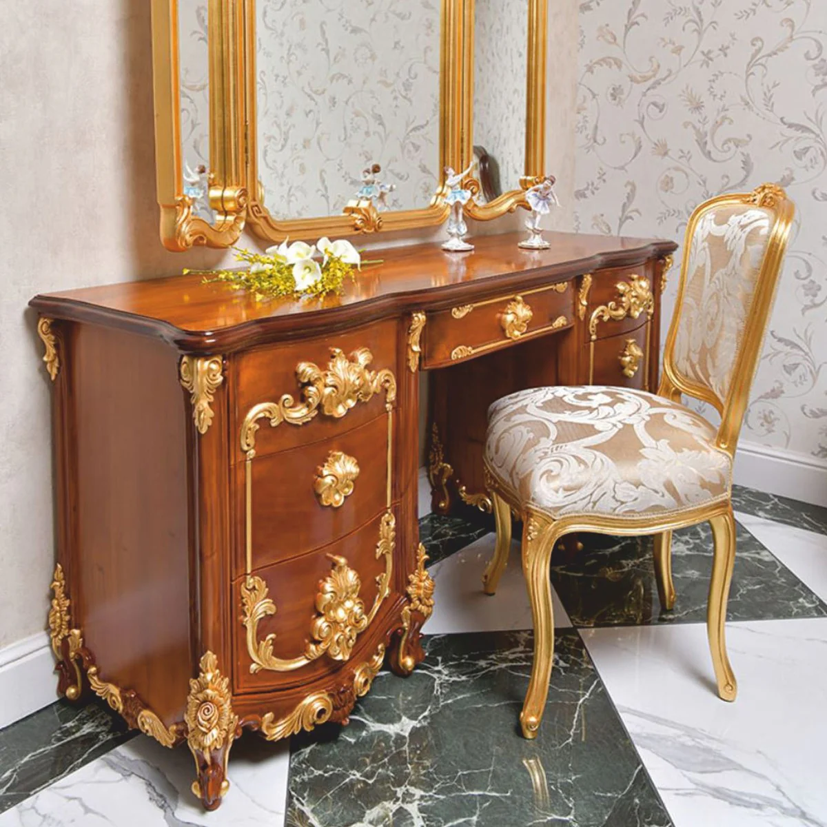 Luxus Barock Schminkkommode Braun / Gold 170 cm - Made in Italy
