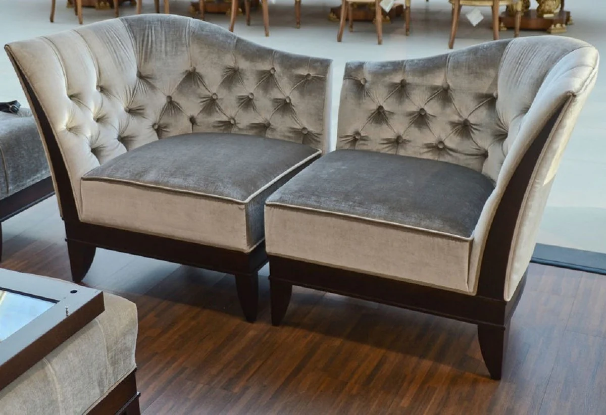 Luxury living room armchair set silver gray / dark brown - 2 neoclassical armchairs with elegant velor fabric - living room furniture in neoclassical style