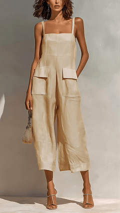 Women's Elegant Sleeveless Cropped Jumpsuit — Loose Fit, Wide-Leg, Thin Straps, Patch Pockets - Nordfashionstorm - Women's Clothing, Fashion for You - Nordfashionstorm.com