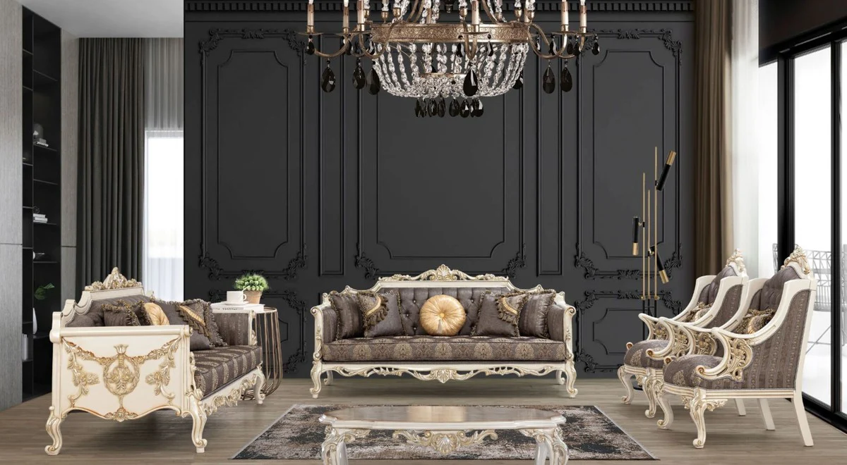 Luxury Baroque Living Room Set Gray / Brown / White / Gold / Silver - 2 Sofas & 2 Armchairs & 1 Coffee Table - Handmade Baroque Living Room Furniture - Noble & Magnificent