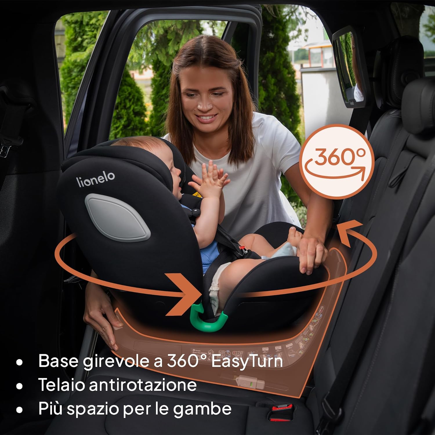 LIONELO BRAAM Seggiolino Auto i-Size 360° per Bambini e Neonati 0-36kg ISOFIX+, Certificato i-Size R129 l'Ultimo Standard, Montaggio Avanti e Retro, 14 Livelli di Regolazione, Protezione Laterale