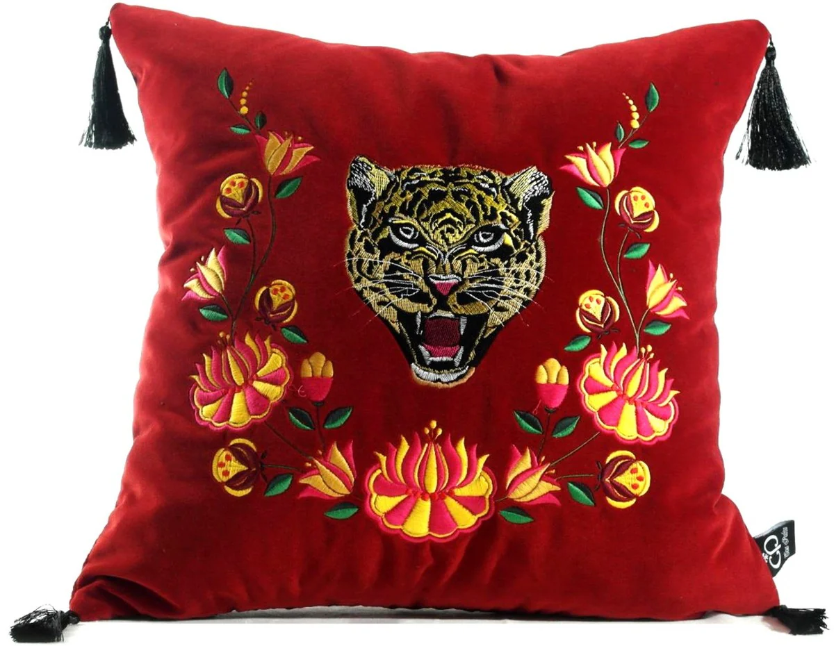 Luxury decorative cushion with tassels tiger red / multicolored 45 x 45 cm - finest velvet fabric - luxury quality