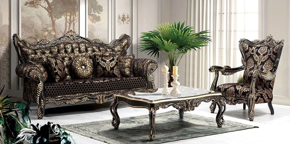 Luxury Baroque Living Room Set Black / Gold - 2 Sofas & 2 Armchairs & 1 Coffee Table - Living Room Furniture in Baroque Style - Noble & Magnificent