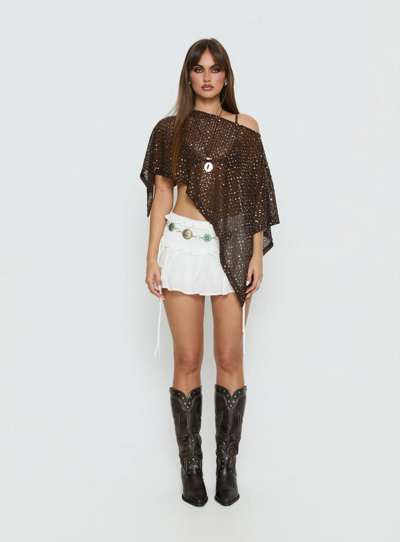 Grotto Asymmetrical Boat Neck Poncho Brown Sparkle