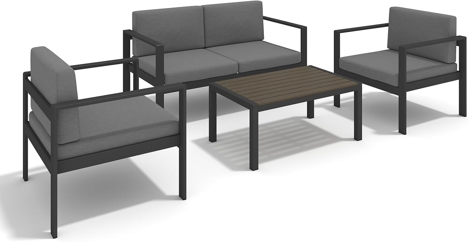 Aluminum Patio Furniture Set, 4 Pieces Modern Patio Conversation Sets, Outdoor Sectional Metal Sofa with Coffee Table for Balcony, Garden, Hotel, Black