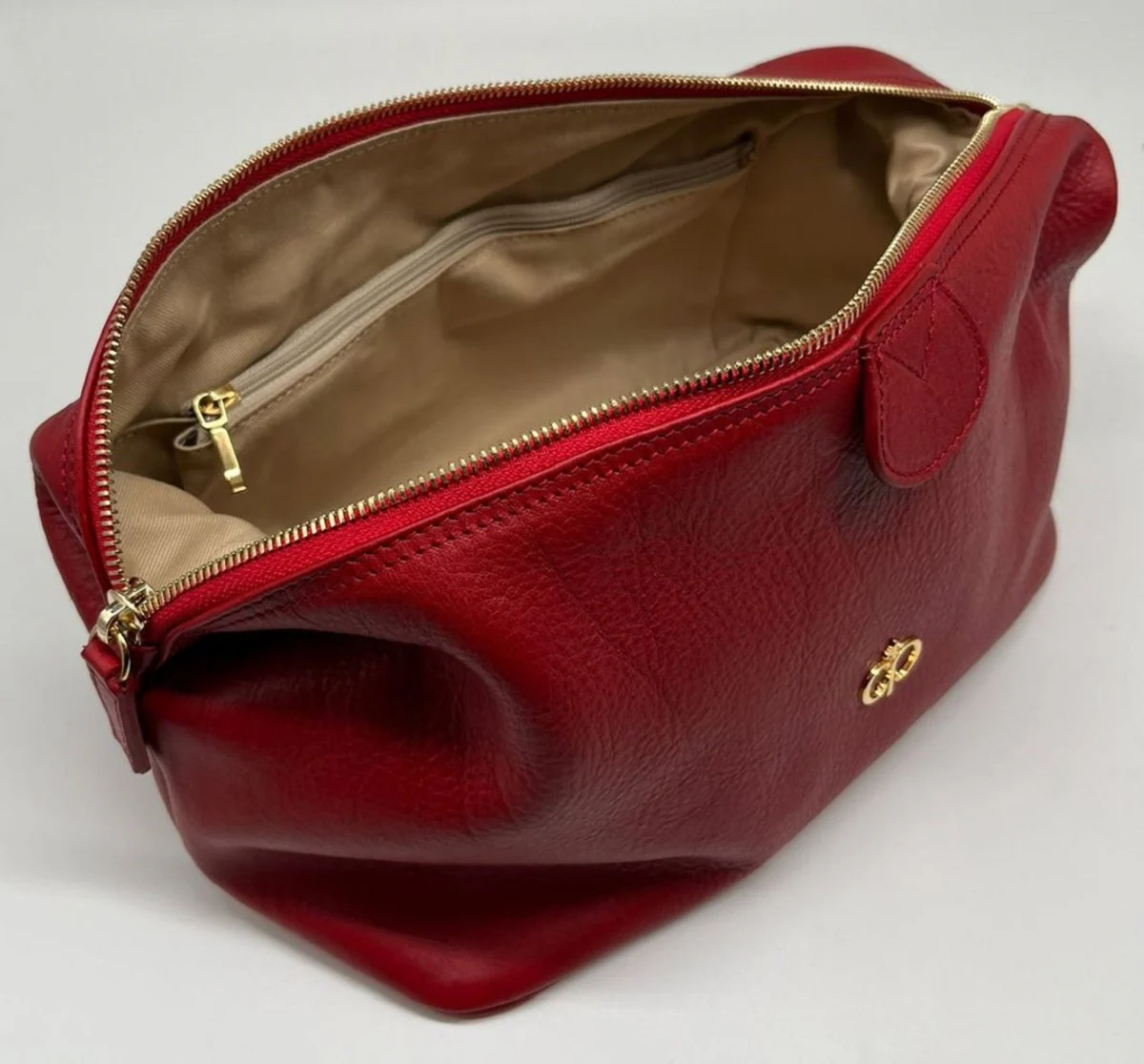 Luxury genuine leather cosmetic bag red / gold 28 cm - Made in Italy