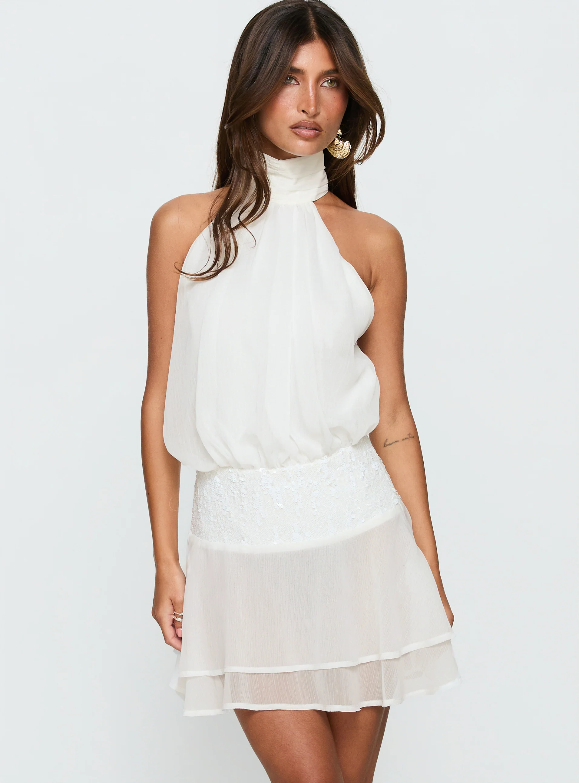 Zenayda Drop Waist Sequin Mini Dress White