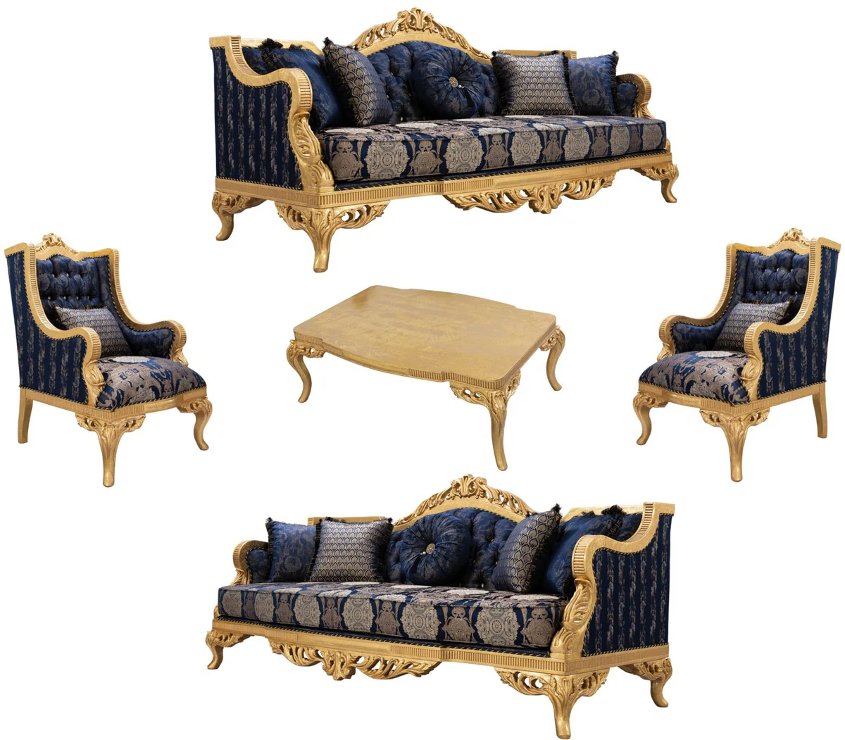 Luxury Baroque Living Room Set Dark Blue / Gold - 2 Sofas & 2 Armchairs & 1 Coffee Table - Magnificent Baroque Living Room Furniture