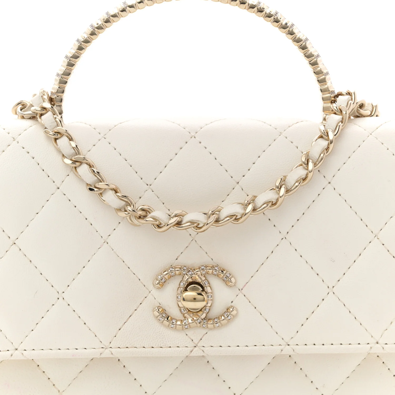 Lambskin Quilted Crystal Top Handle Rectangular Flap White - Top Club