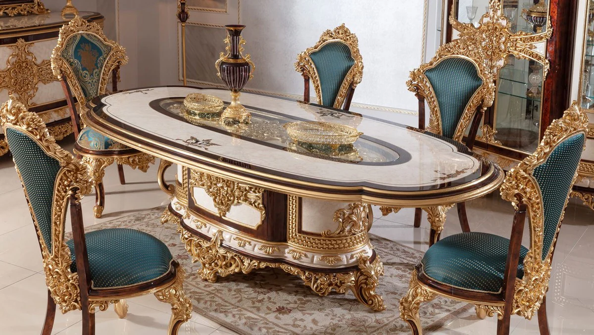 Luxury Baroque Dining Room Chair Set Blue / Brown / Gold - Handmade Kitchen Chairs Set of 6 with Elegant Pattern - Baroque Dining Room Furniture - Noble & Magnificent