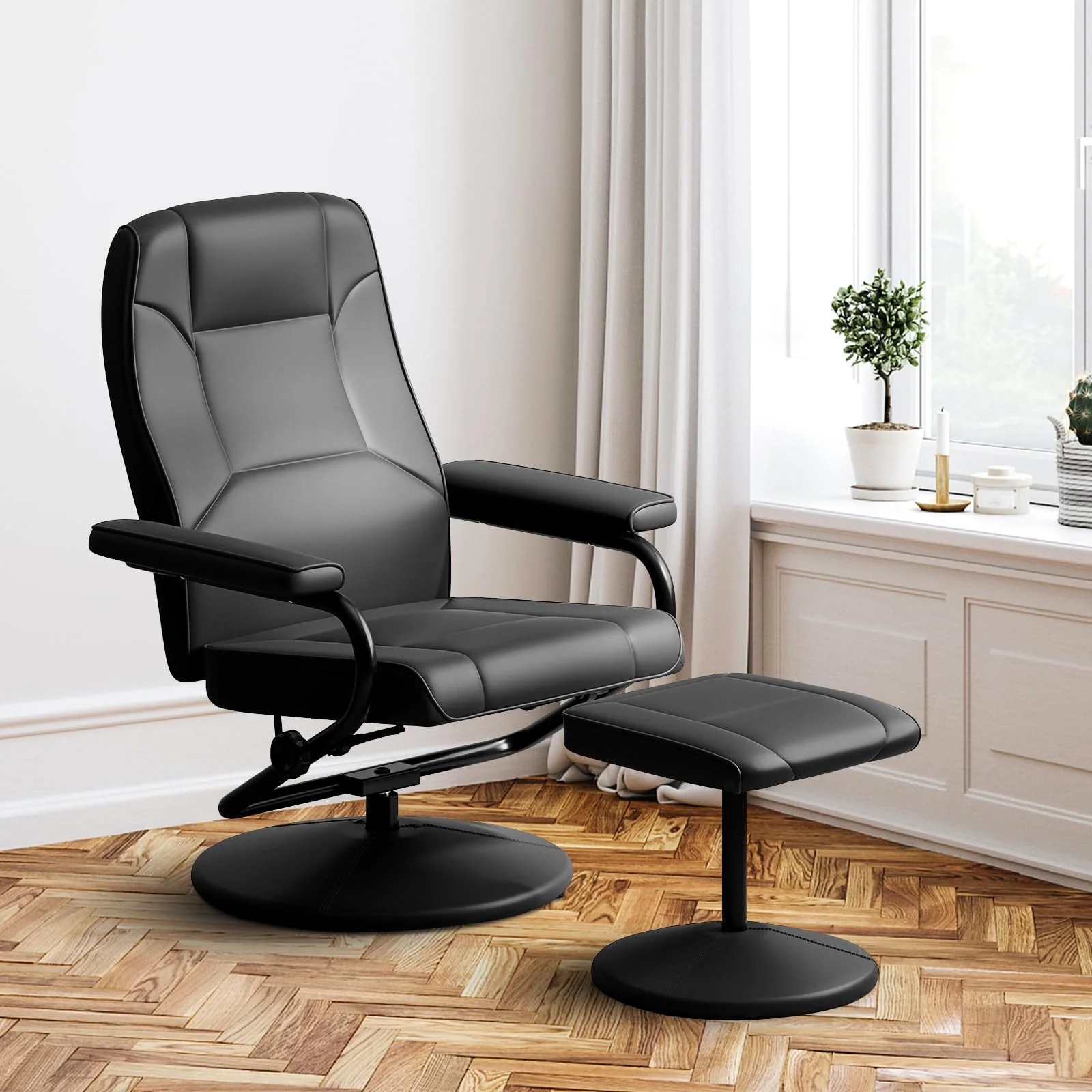 BEFOUNDLOVELY Recliner Chair with Ottoman, 360° Swivel Faux Leather Reclining Chair w/Adjustable Backrest, Footrest
