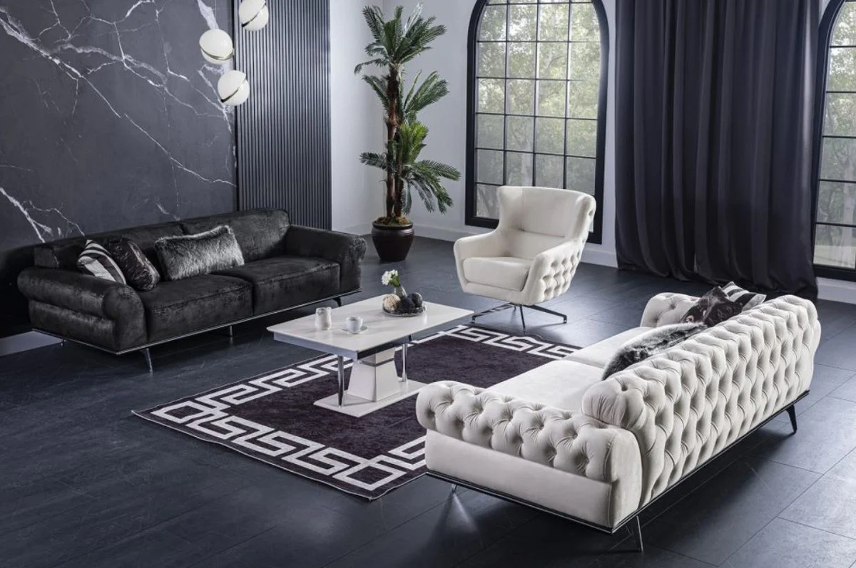 Luxury Art Deco Chesterfield living room sofa cream / silver 240 x 95 x H. 63 cm - Luxury living room furniture