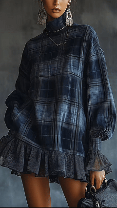 Women's Cotton‑blend Plaid Turtleneck Lantern‑sleeve Ruffled Loose Mini Dress - Nordfashionstorm - Women's Clothing, Fashion for You - Nordfashionstorm.com