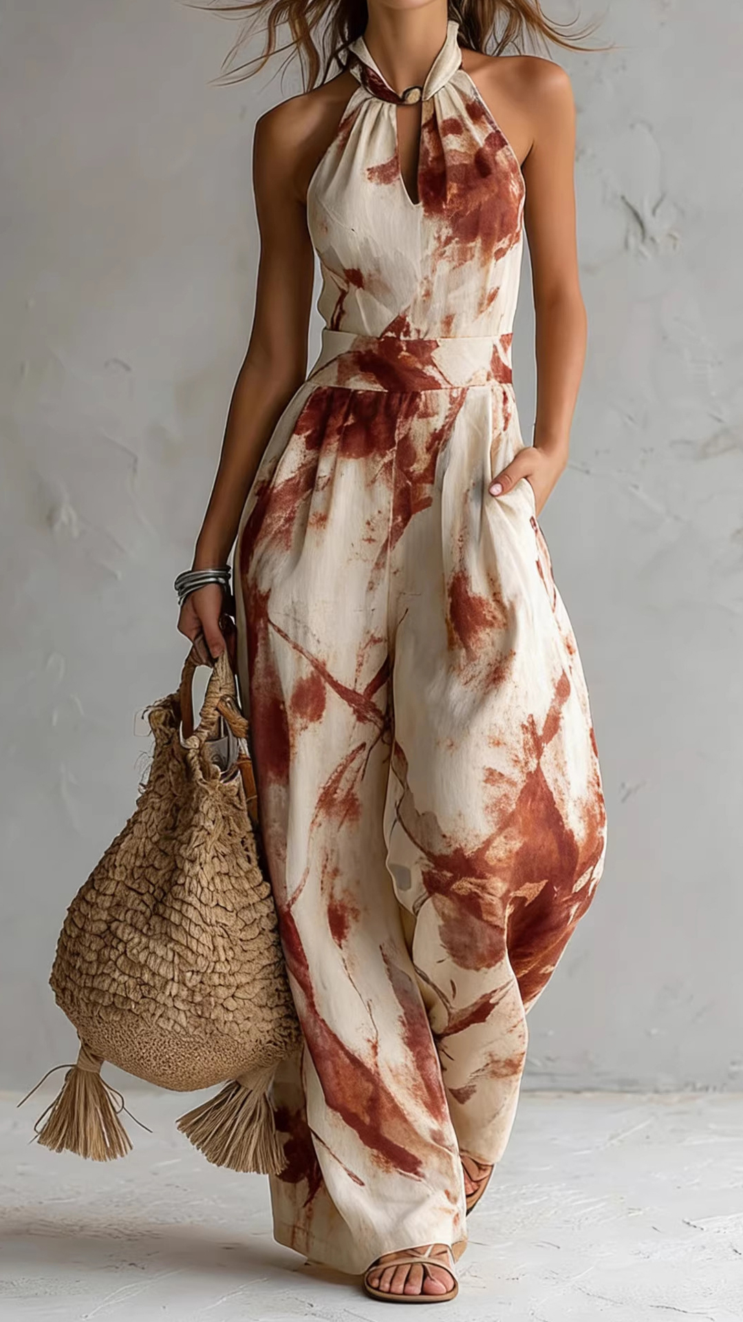Women's Ink Print Halter Neck Wide-Leg Jumpsuit - Nordfashionstorm - Women's Clothing, Fashion for You - Nordfashionstorm.com