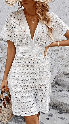 Women's Deep V Elastic Wave Hollow-out Dress - Nordfashionstorm - Women's Clothing, Fashion for You - Nordfashionstorm.com
