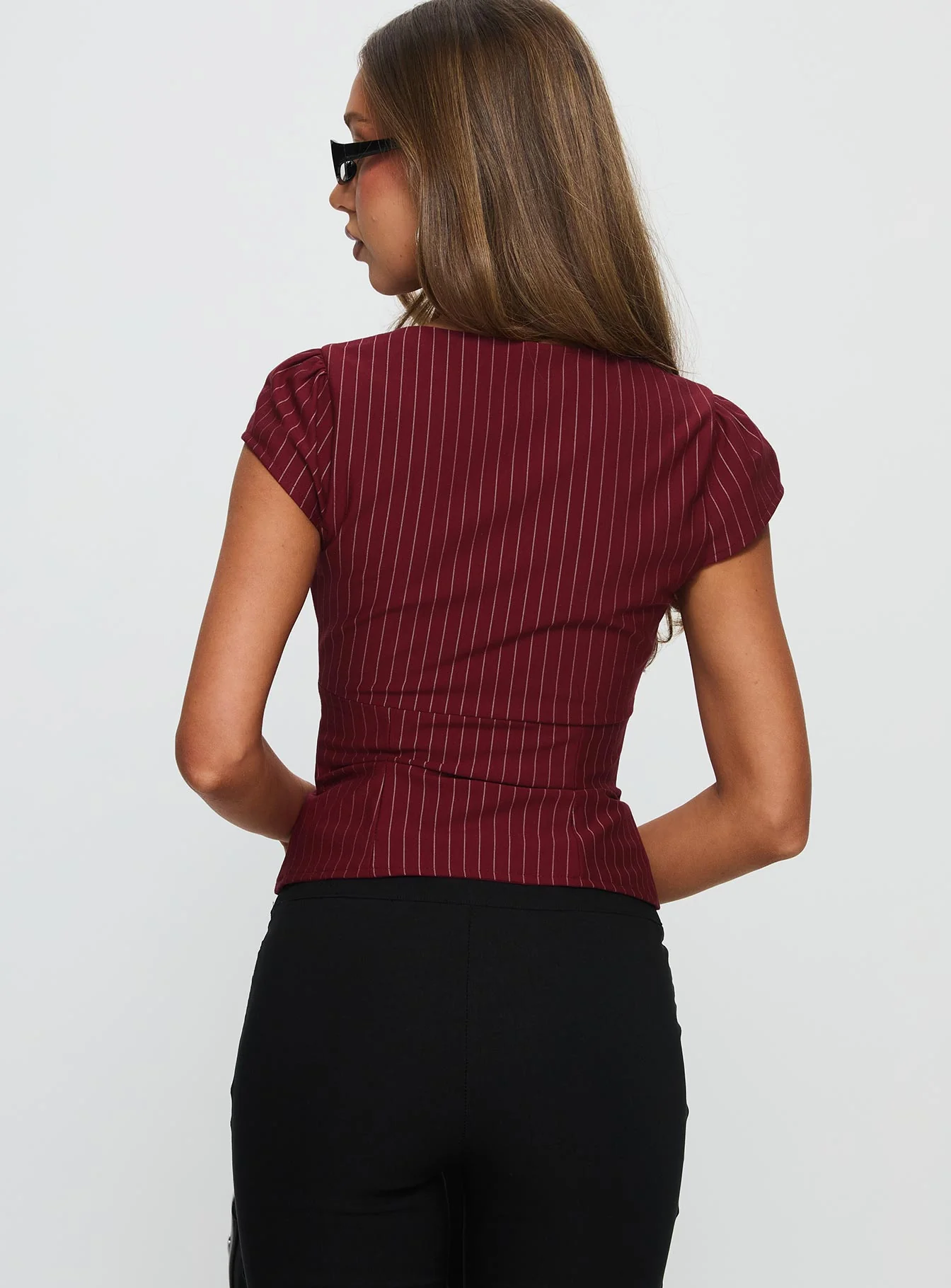 Santa Cruz Zip Through Top Burgundy Pinstripe