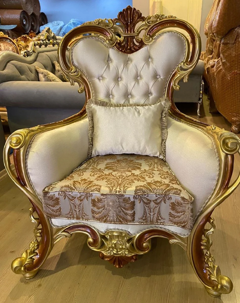 Luxury Baroque Living Room Set Cream / Silver / Gold / Brown - 2 Baroque Sofas & 2 Baroque Armchairs & 1 Baroque Coffee Table - Luxury Living Room Furniture in Baroque Style - Baroque Furniture