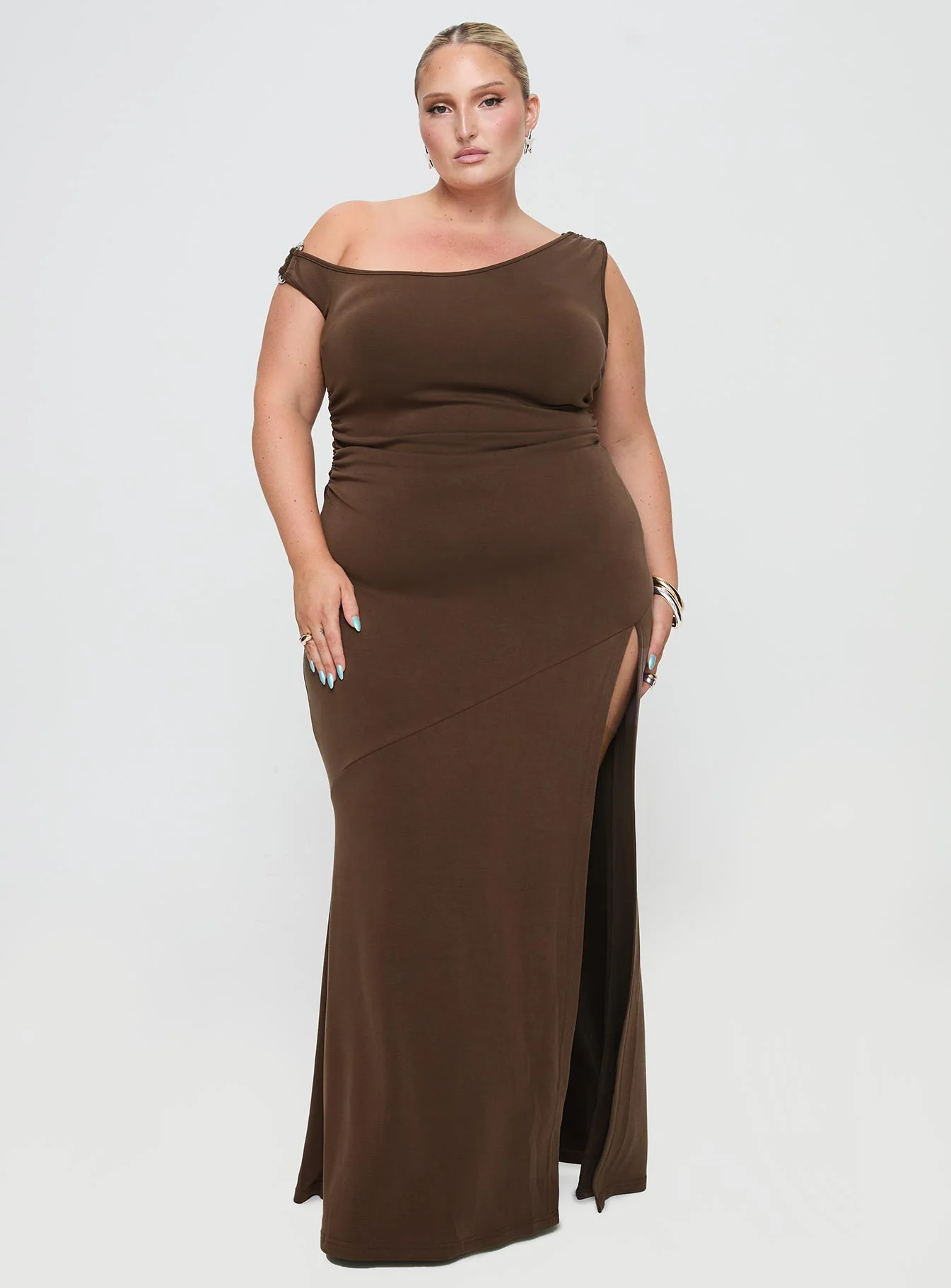 Rios One Shoulder Maxi Dress Brown Curve