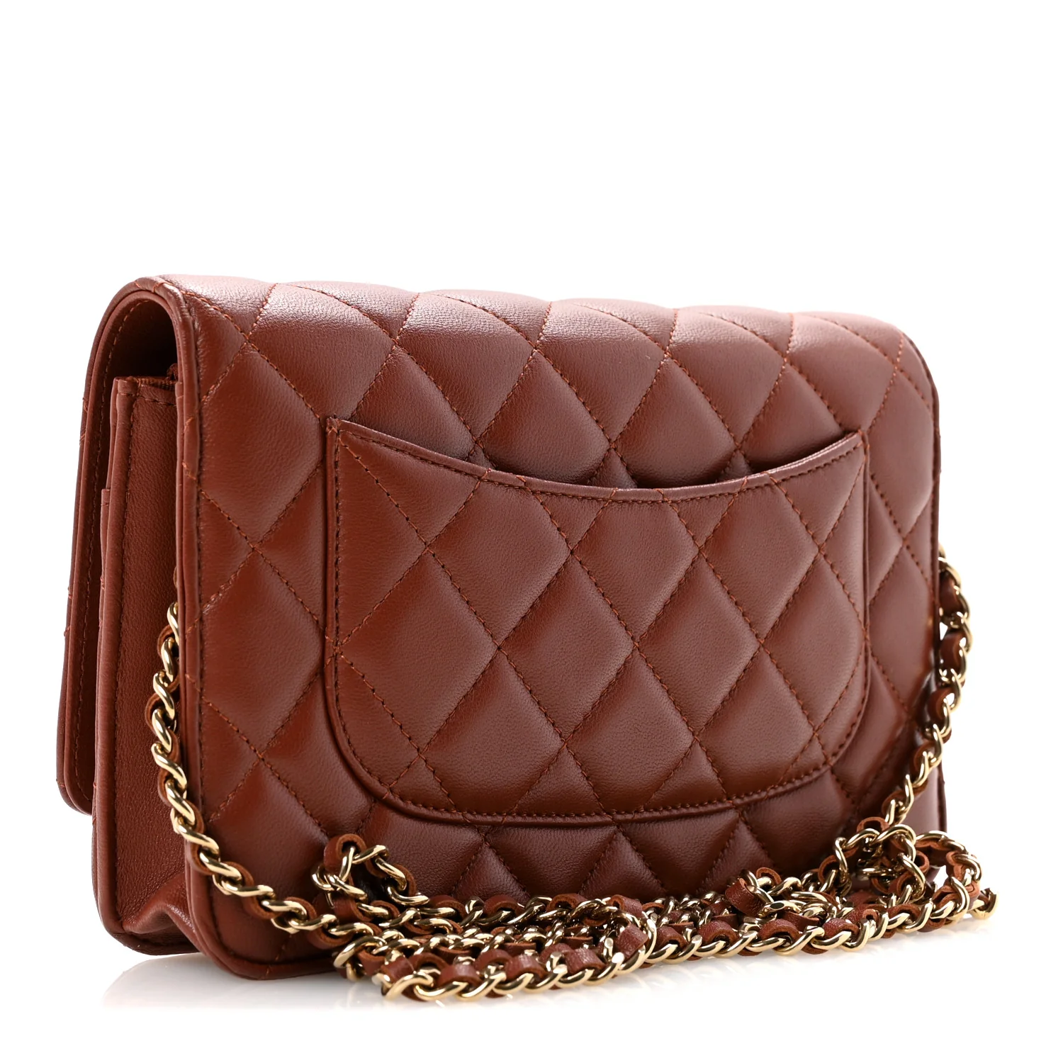 Lambskin Quilted Wallet On Chain WOC Brown - Top Club