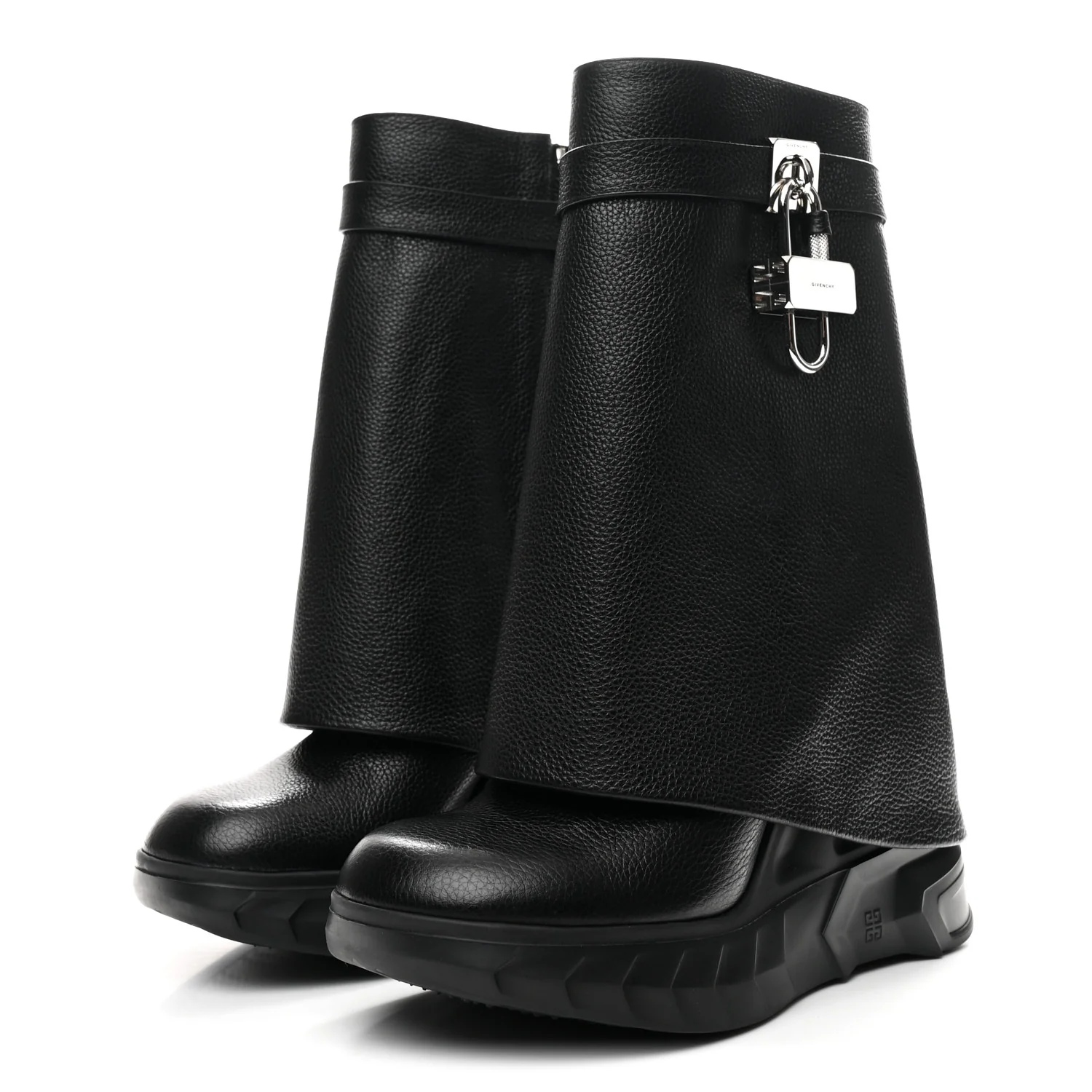 Grained Calfskin Shark Lock Biker Ankle Boots 38 Black - Top Club