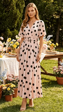 Blush & Black Polka Dot V-Neck Short Sleeve Flowy Dress with Waist-Cinching Belt - Nordfashionstorm - Women's Clothing, Fashion for You - Nordfashionstorm.com