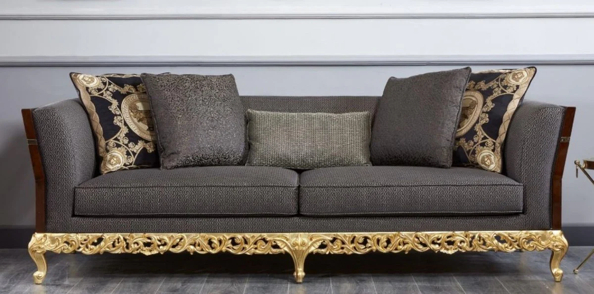 Luxury Baroque Sofa Gray / Dark Brown / Gold - Magnificent Living Room Sofa - Baroque Style Living Room Furniture - Luxury Furniture in Baroque Style - Baroque Furnishings - Noble & Magnificent