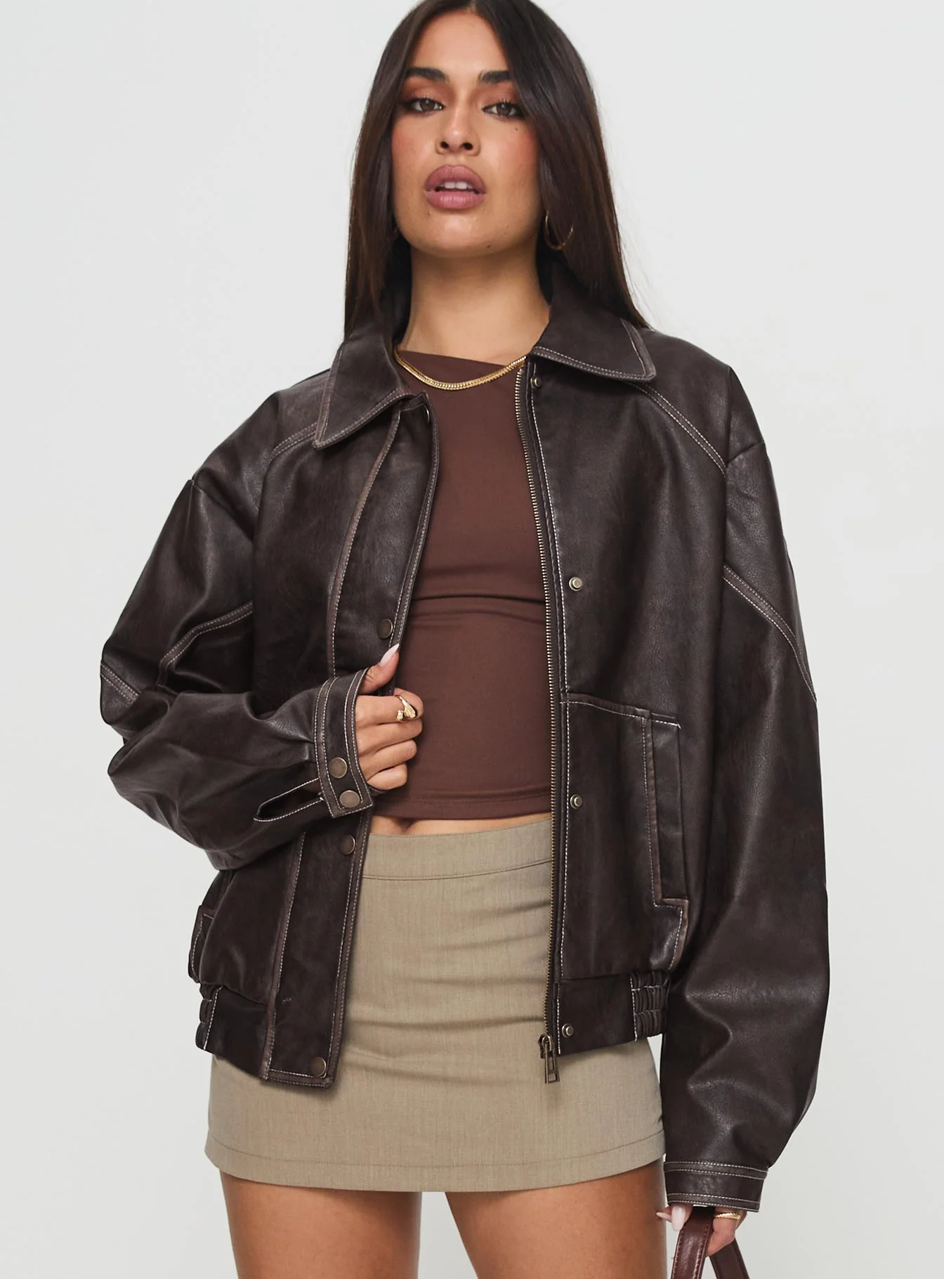 Jaxton Faux Leather Jacket Brown Petite