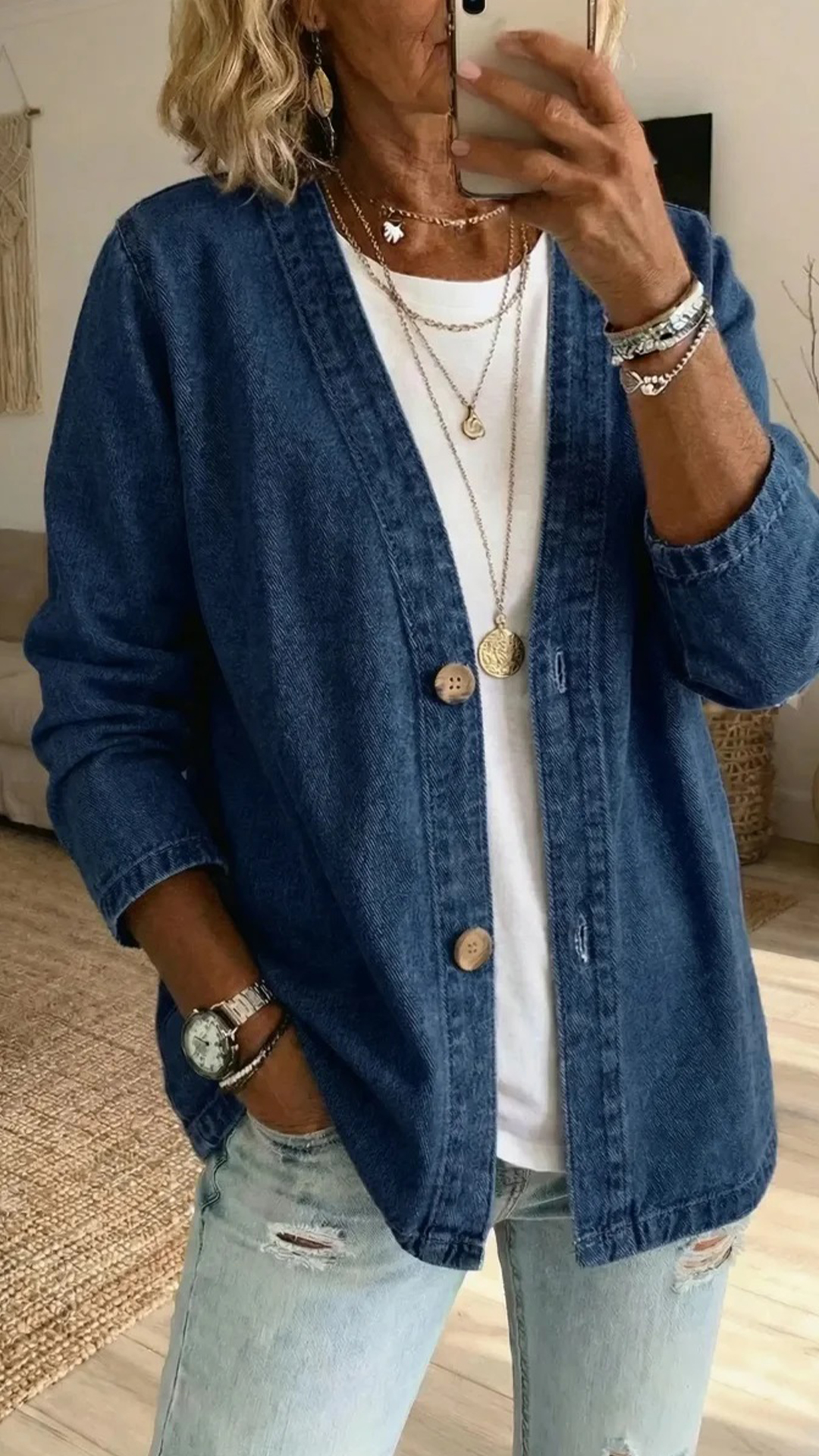 Women's Polyester Denim-Like V-Neck Cardigan - Nordfashionstorm - Women's Clothing, Fashion for You - Nordfashionstorm.com