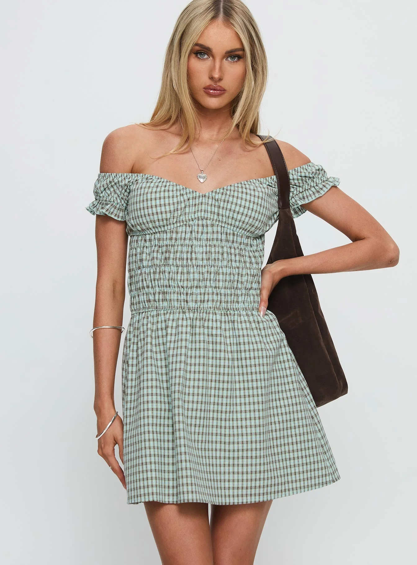 Olwen Ruched Romper Green Check