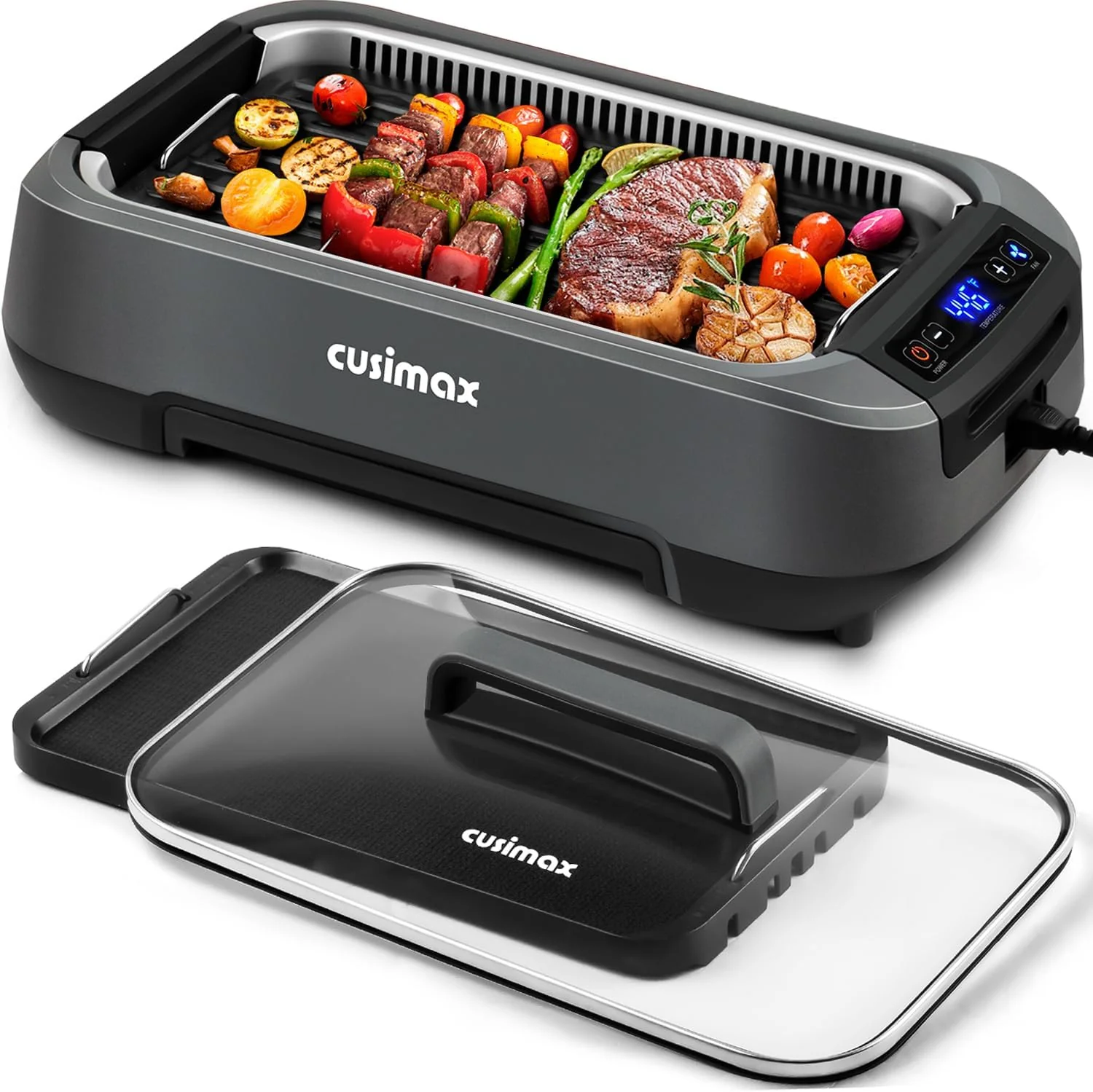 Smokeless Indoor Grill, CUSIMAX Electric Grill with Non-stick Removable Grill/Griddle Plate, 1500W Korean BBQ Grill with LED Smart Display & Tempered Glass Lid, Easy to Clean, Black